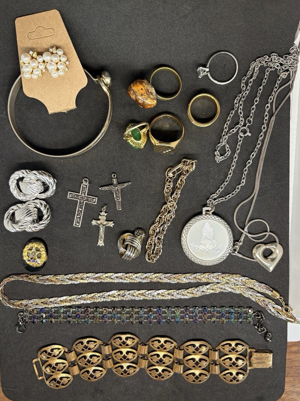 Vintage Gold & Silver Tone 14k HGE Rings Religious Charm Bracelet Jewelry Lot